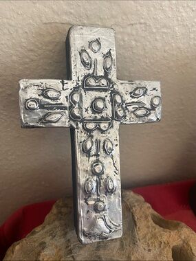Vintage Mexican Embossed Metal over Wood Folk Art Cross